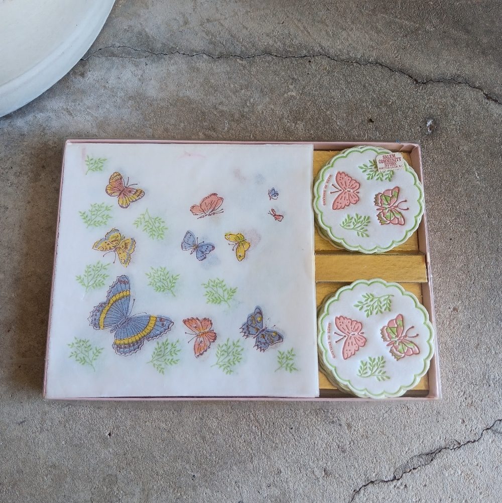 Vintage Napkins Coasters Freund Mayer Boxed Set 36 Butterflies Motif England